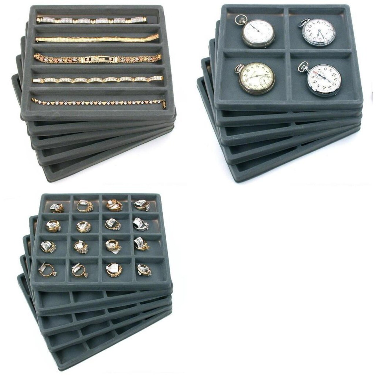 15 Gray Flocked Display Trays (5) 5 Slot & (5) 4 Slot & (5) 16 Slot Insert Tray
